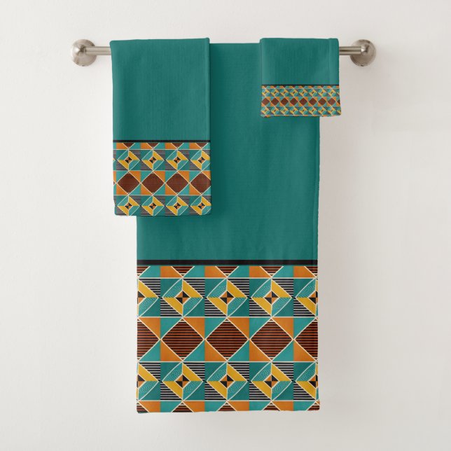 Teal Gold and Black Geometric Pattern Badhandtuch Set (Insitu)