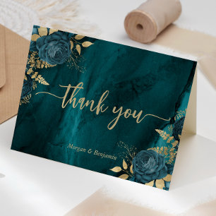 Teal Gold Blumen Hochzeitsskript Dankeskarte
