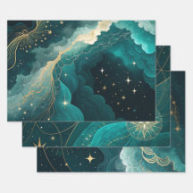 Teal Gold Celestial Floral Marble Abstract Design