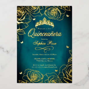 Teal Gold Crown Rosen Thema Quinceanera Folieneinladung
