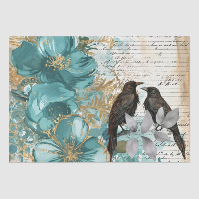 Teal & Gold Distressed Floral & Ravens Seidenpapier (Vorderseite)