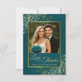 Teal & Gold Love & Thanks Photo & Note Wedding Dankeskarte