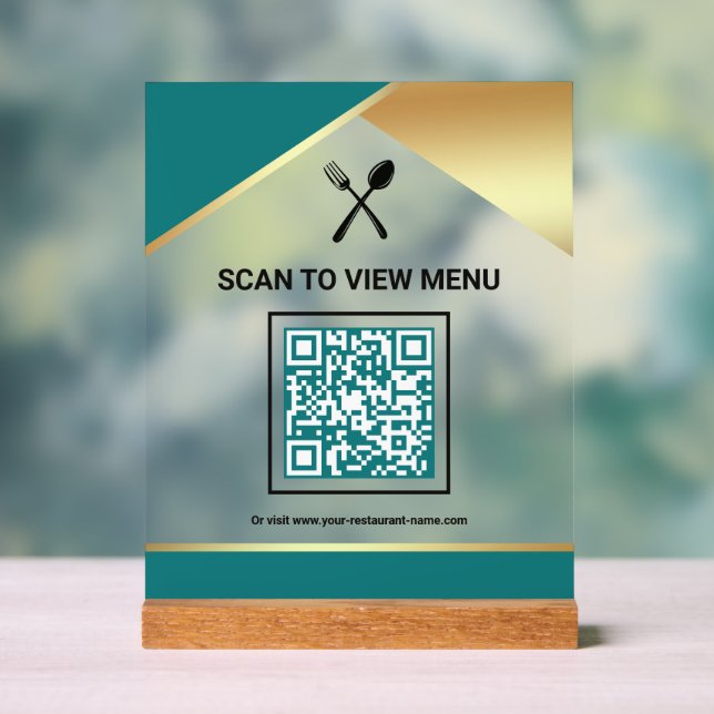 Teal Gold Restaurant Digitales QR-Code-Menü Acrylschild (Neutral)
