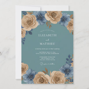 Teal Golden Blossom Romantik-Hochzeit Einladung