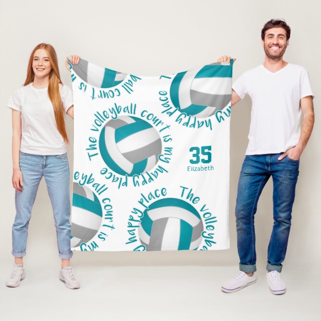 Teal Gray Volleyball Court Happy Place Typography Fleecedecke (Beispiel)