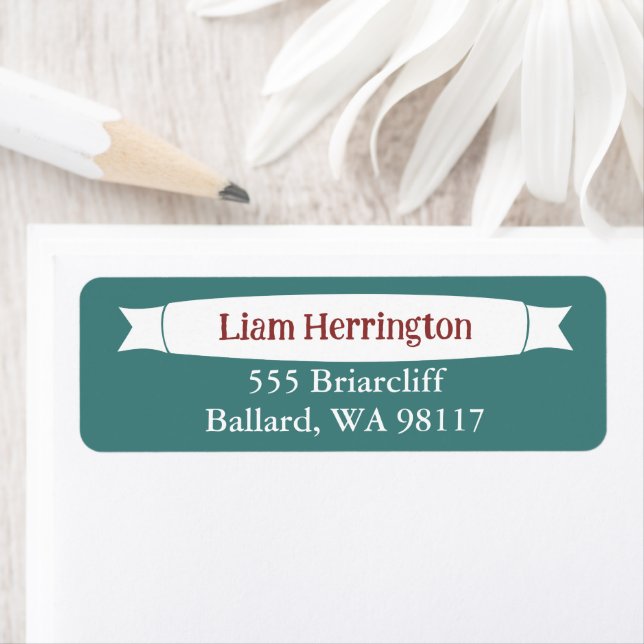 Teal Green & Burgundy Address Label with Banner (Insitu)