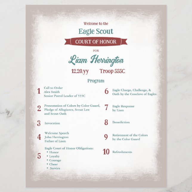 Teal Green, Burgundy Eagle Court of Honor Program Flyer (Vorne)