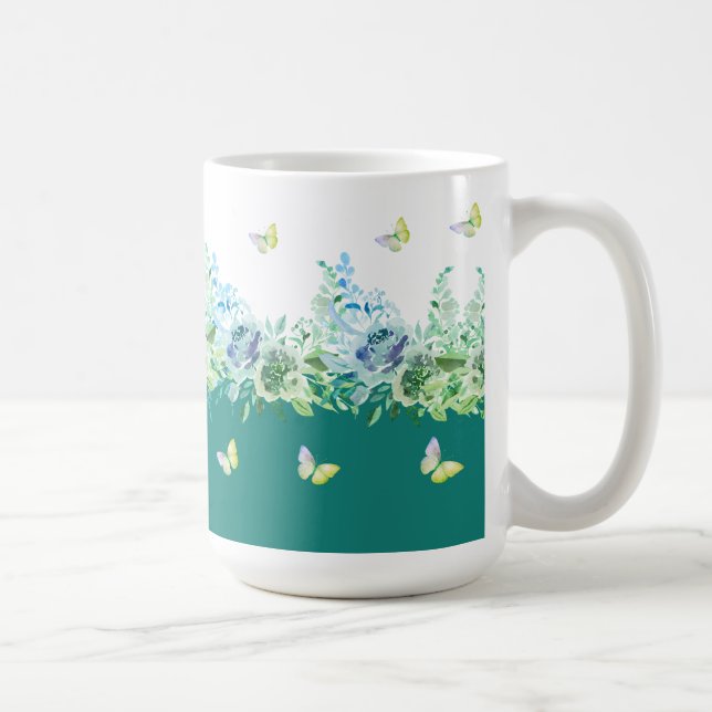 Teal Green Butterflies Floral Mug Kaffeetasse (Rechts)
