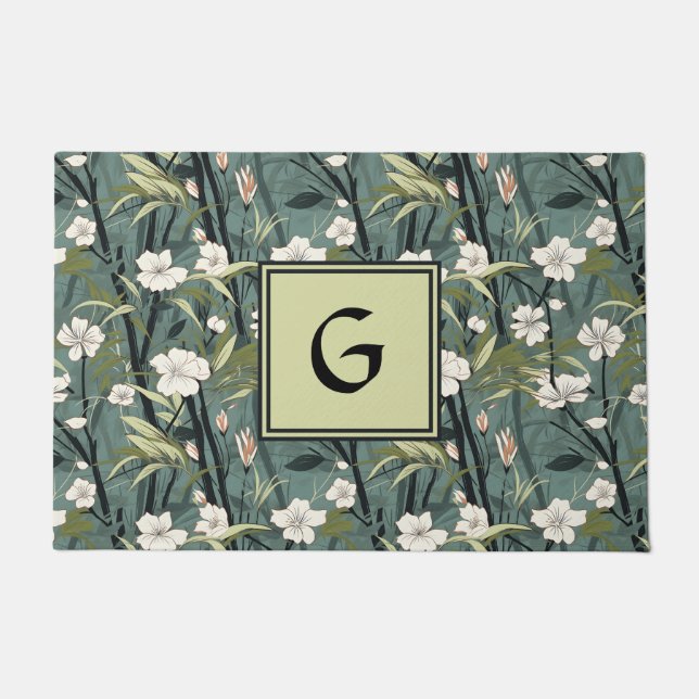 Teal Green Chinoiserie Floral White Initial  Fußmatte (Vorderseite)