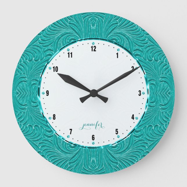 Teal Green Embossed Floral Damasks Große Wanduhr (Vorderseite)