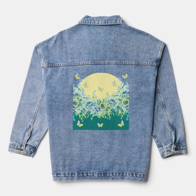 Teal Green Floral Butterfly Denim Jacket (Verso)