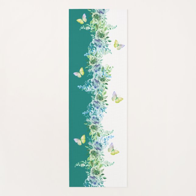 Teal Green Floral Butterfly Yoga Mat  Yogamatte (Vorderseite)