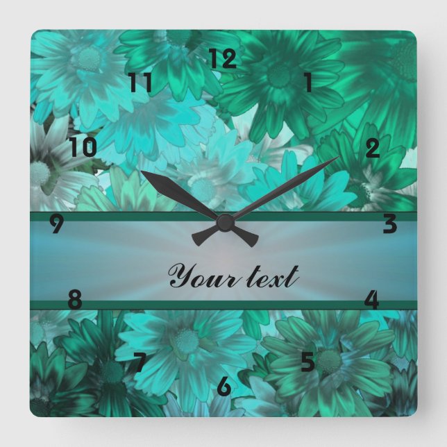 Teal green floral pattern quadratische wanduhr (Vorderseite)