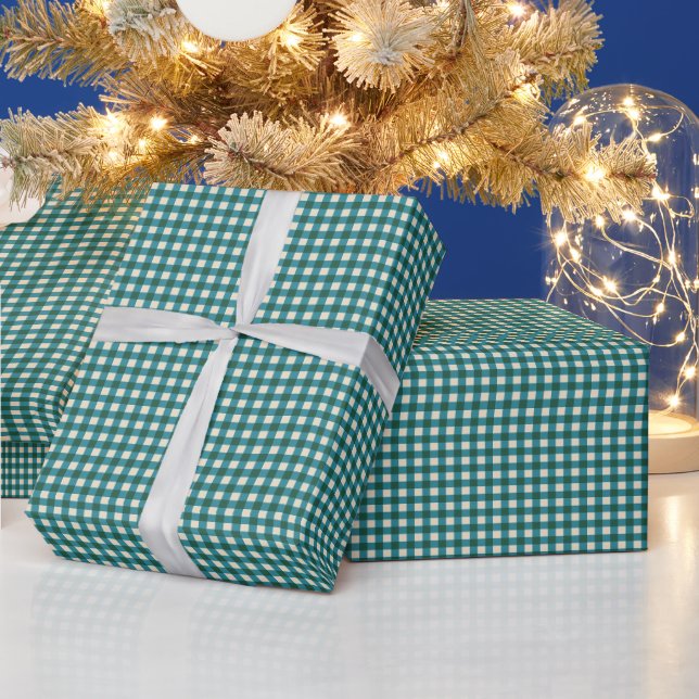 Teal Green Gingham Plaid Holiday Pattern Geschenkpapier (Feiertage)
