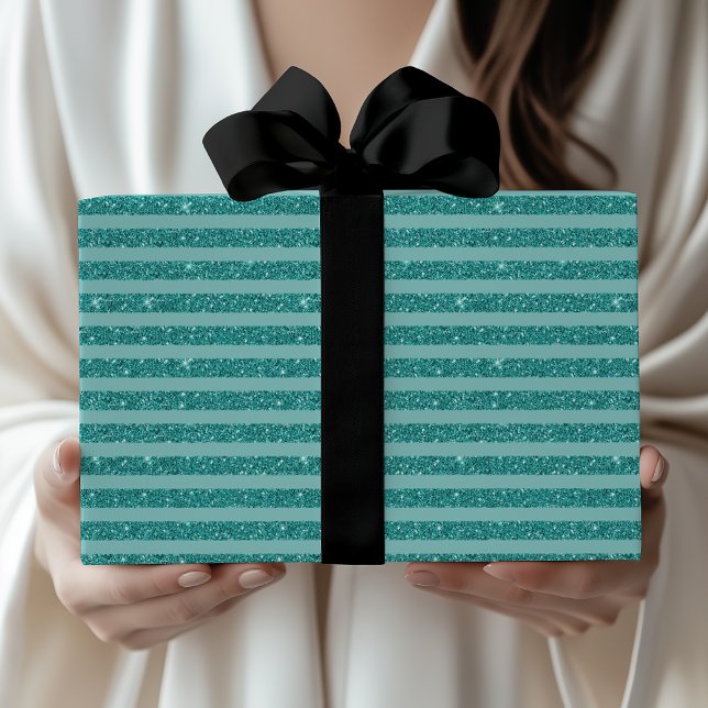 Teal Green Glitter Style Horizontal Stripes Geschenkpapier (Von Creator hochgeladen)