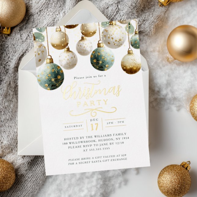 Teal Green Golden Baubles Christmas Party  Folieneinladung (Von Creator hochgeladen)
