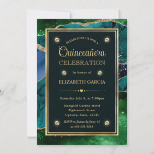 Teal, Grün und Gold Glitter-Achat Quinceanera Einladung
