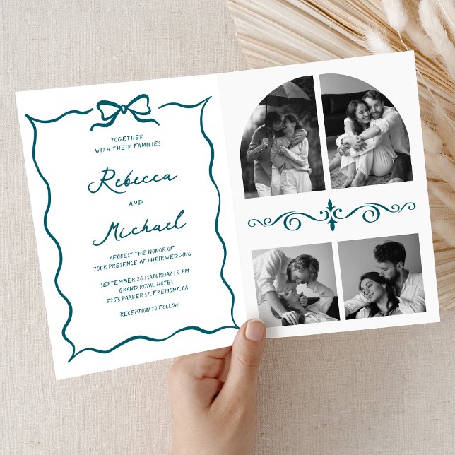 Teal Hand Drawn Bow QR Code Photo Wedding Einladung (Von Creator hochgeladen)