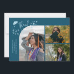 Teal Hand Written Thank You Multi Photo Ankündigung<br><div class="desc">Modern and whimsical graduation announcement photo card featuring 3 photos on the front and 1 on the back. The text says "Thank You" with twinkling stars. Add the graduate's name,  information,  and message to personalize this card. Teal.</div>