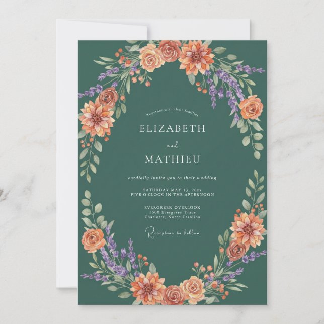 Teal Herbstblüte Blühen Hochzeit Einladung (Vorderseite)
