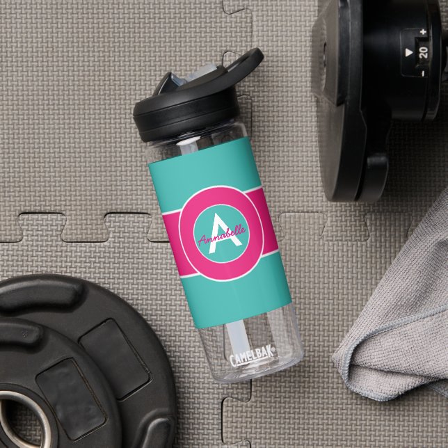 Teal Hot Pink Monogram Personalized Trinkflasche (Fitnessstudio)