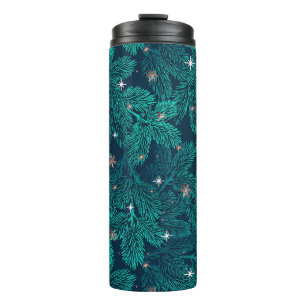 Teal Kiefernzweige mit weißen Schneeflocken Thermosbecher