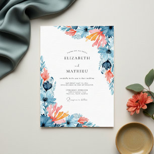 Teal Korallen-Malerische Blüten-Hochzeit Einladung