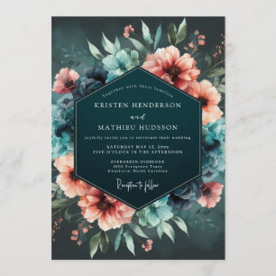 Teal-Korallen-Nachtblüten-Hochzeit Einladung