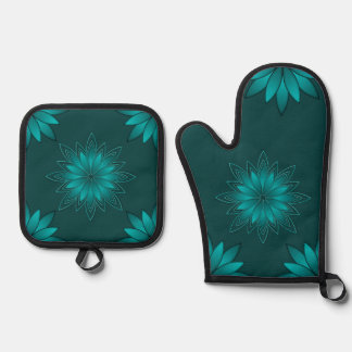 Teal Leaf Mandala Design on Dark Cyan Ofenhandschuh & Topflappen-Set
