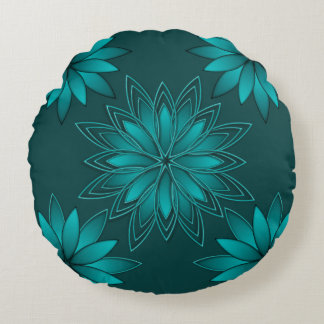 Teal Leaf Mandala Design on Dark Cyan Rundes Kissen