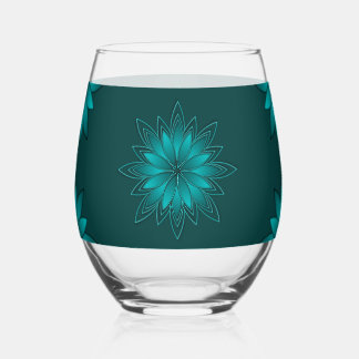 Teal Leaf Mandala Design on Dark Cyan Weinglas Ohne Stiel