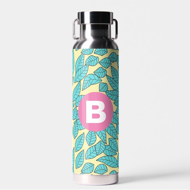 Teal Leaves Botanical Pattern Bright Pink Monogram Trinkflasche (Vorne)