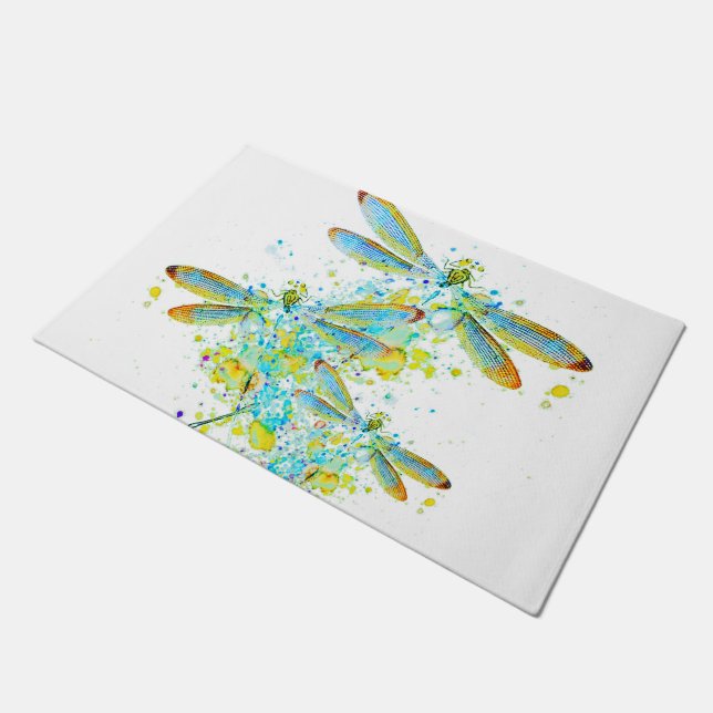 Teal Libellen-Spritzer  Fußmatte (Schrägansicht)