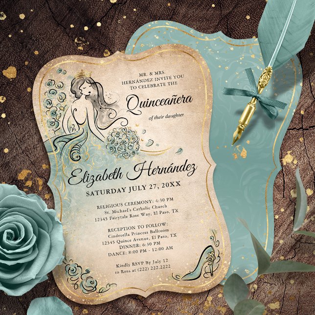 Teal Light Sage Seafoam Gold Princess Birthday Einladung (Unique seafoam sage green gold princess birthday invitations that will bring your fairytale to life!)