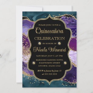 Teal, Lila und Gold Glitter-Achat Quinceanera Einladung