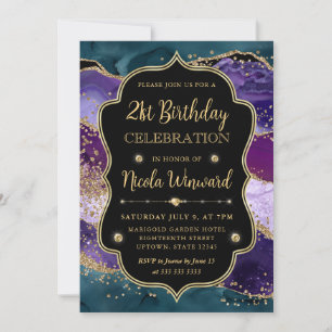 Teal, Lila und Gold Glitter-Achat-Rahmen Geburtsta Einladung