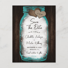 Teal Mason Jar Wood Hearts Wedding Save The Date Ankündigungspostkarte