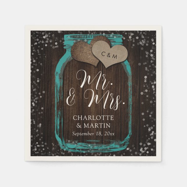 Teal Mason Jar Wood Mr. & Mrs. Wedding Serviette (Vorderseite)