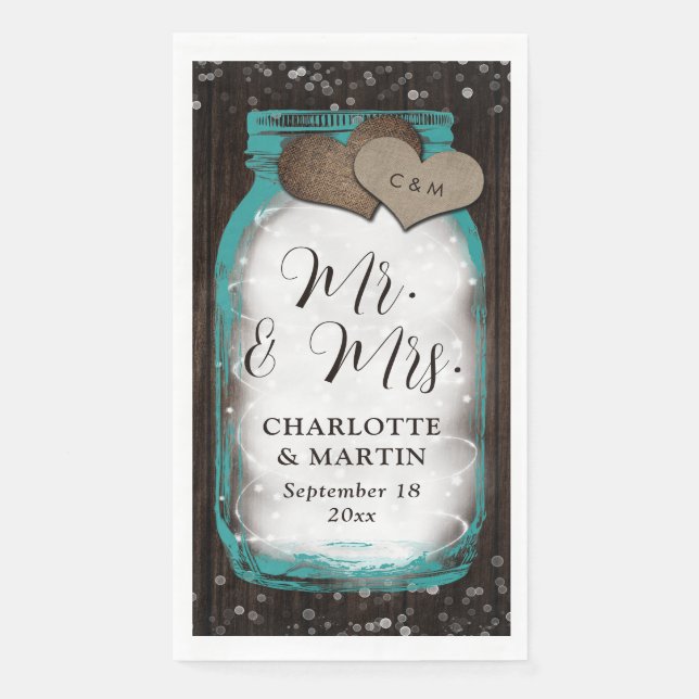 Teal Mason Jar Wood Rustic Wedding Serviette (Vorderseite)