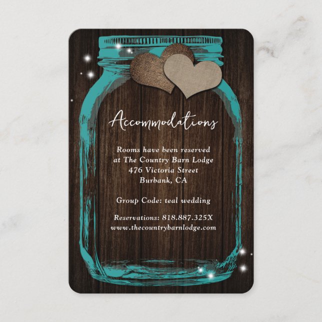 Teal Mason Jar Wood Wedding Accommodation Card Begleitkarte (Vorderseite)