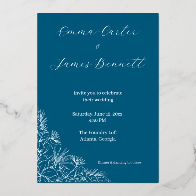 Teal Modern Botanical Wedding Foil Invitation Folieneinladung (Vorderseite)