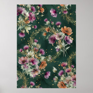 Teal Mohn Distel Wildblumen Muster Poster