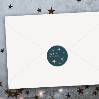 Teal Mond & Sterne Himmlischer Hochzeitsaufkleber Runder Aufkleber