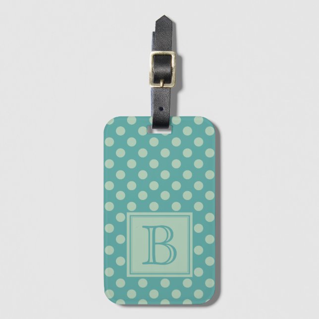 Teal Monogram Polka Dot Pattern Gepäckanhänger (Vorderseite Vertikal)