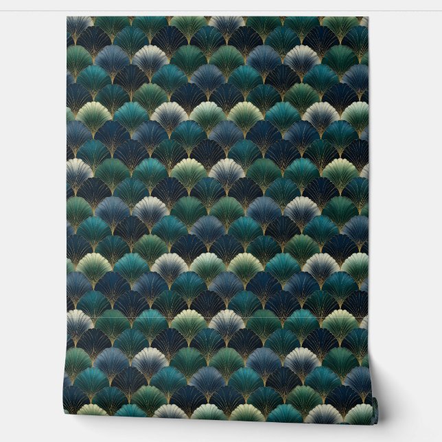 Teal Navy Gold Art Deco Fan Pattern Tapete (Abrollen)