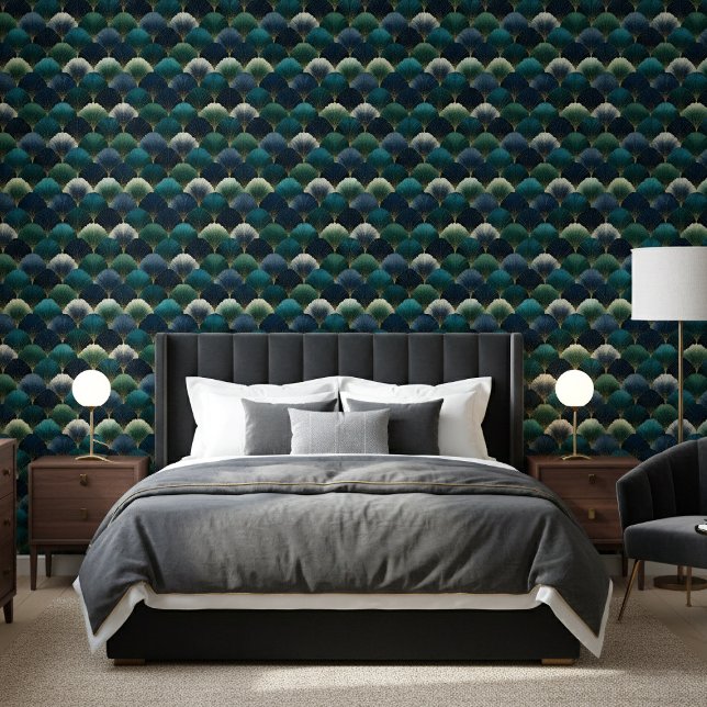 Teal Navy Gold Art Deco Fan Pattern Tapete (Von Creator hochgeladen)