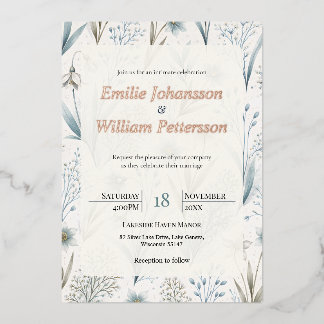 Teal Nordic Floral Wedding Elegant Minimal Folieneinladung