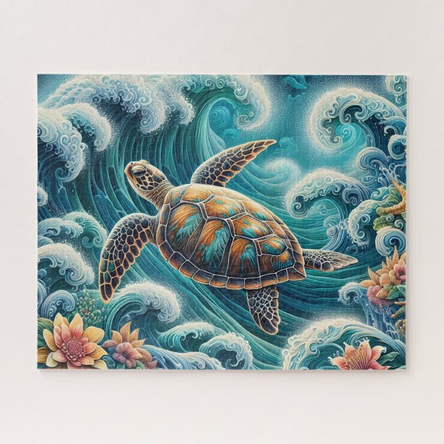 Teal Ocean Wave With  Turtle (Horizontal)