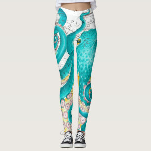 Teal Octopus Nautical Map Watercolor Leggings
