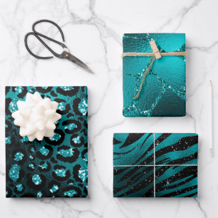Teal Ombre Glam Glitter Dschungel-Tierdruck Geschenkpapier Set